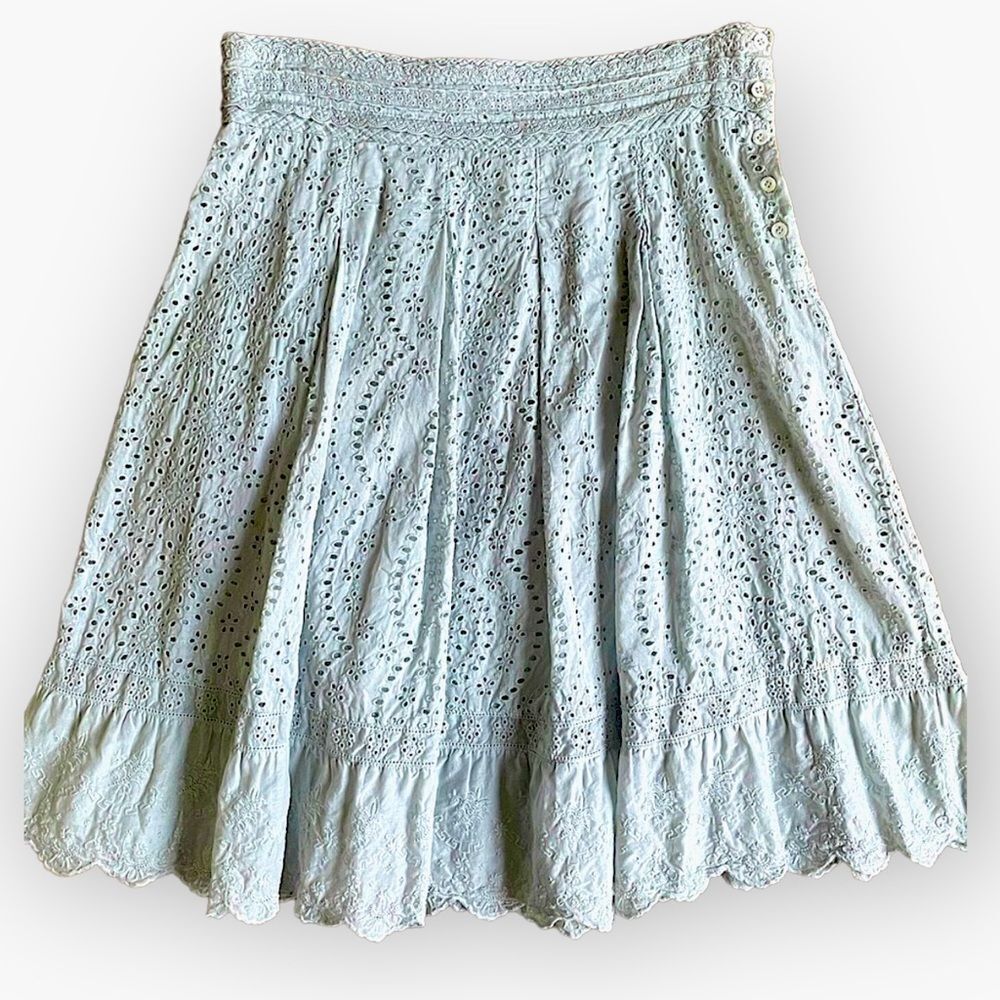 Johnny Was Pale Blue Grey Eyelet Embroidered Ruffle Lined Skirt Size XS